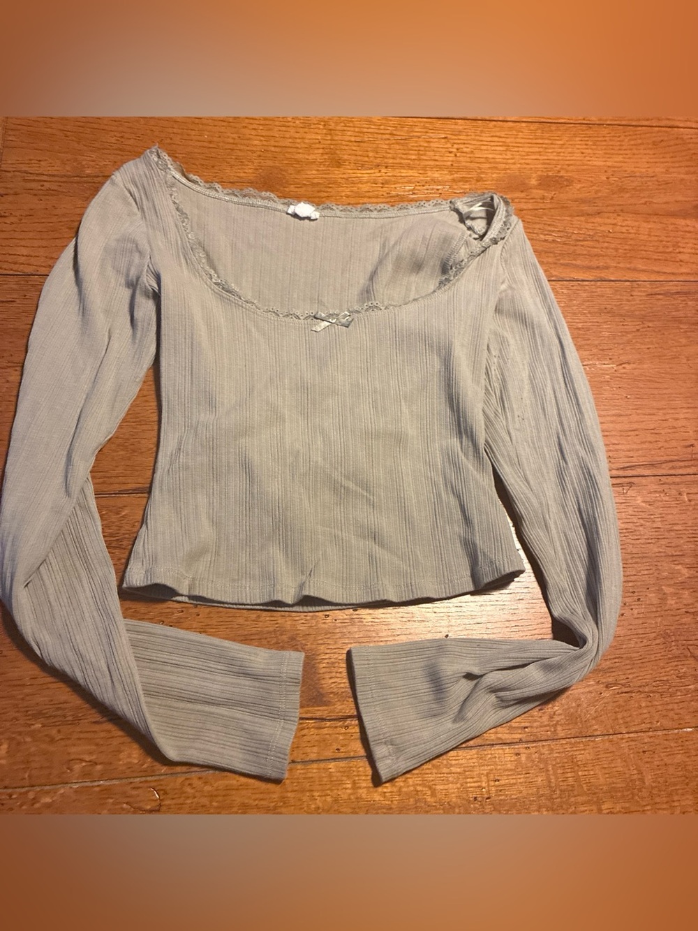 Garage Light Gray Ribbed Scoop-Neck Long Sleeve Top